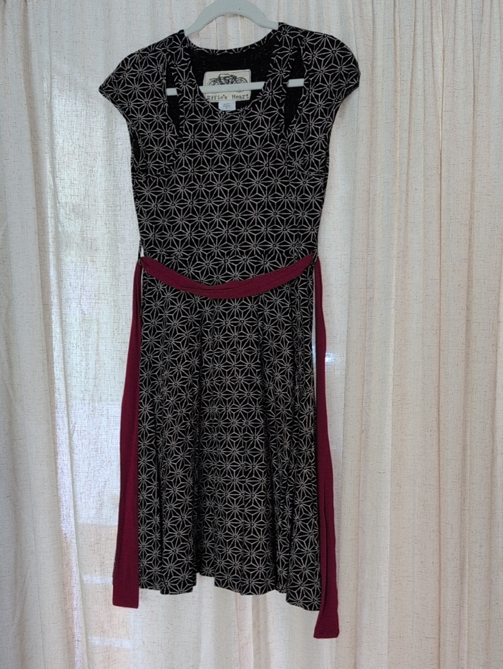 Effie's Heart Black Geometric Midi Dress with Burgundy Sash